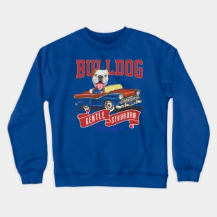 Cute and funny bulldog in a retro vintage car using red white and blue flags Crewneck Sweatshirt